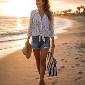 Elegant White Floral Button Down Shirt